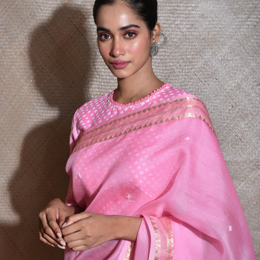 
                      
                        Soft Pink Organza Saree with Bandhej Blouse
                      
                    