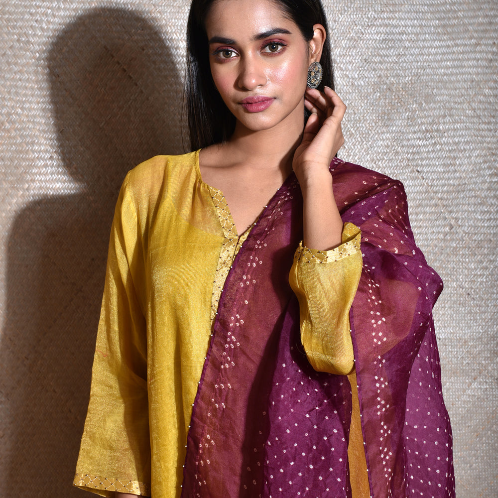 
                      
                        Tissue Chanderi Kurta Set With Bandhani on Organza Dupatta -Mustard And Wine.
                      
                    