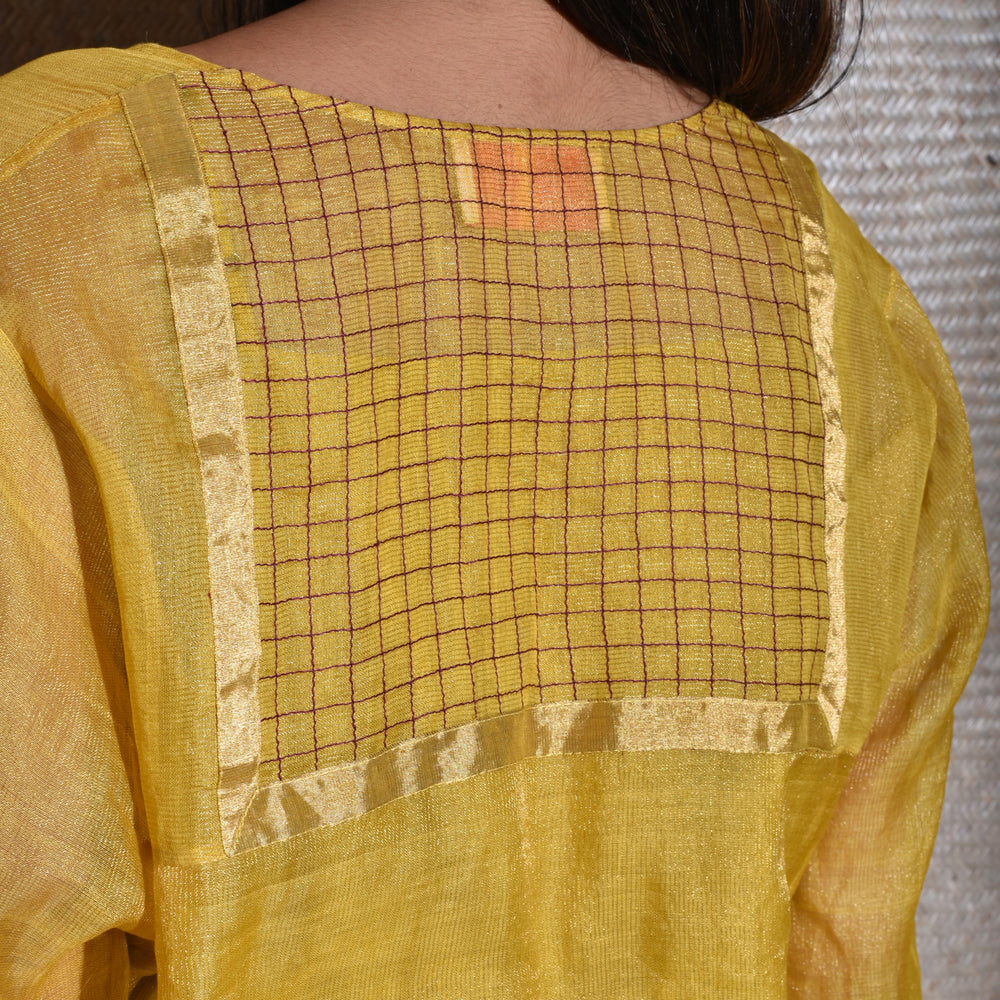 
                      
                        Tissue Chanderi Kurta Set With Bandhani on Organza Dupatta -Mustard And Wine.
                      
                    