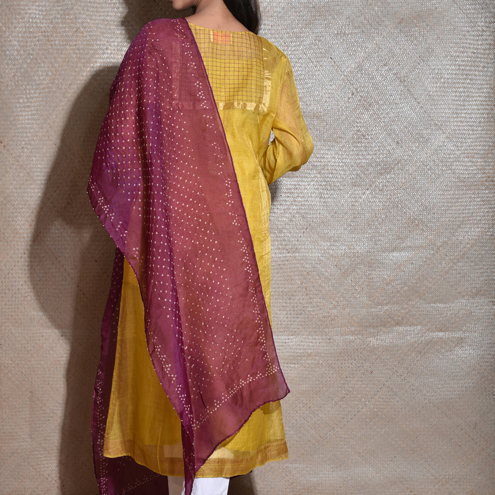 
                      
                        Tissue Chanderi Kurta Set With Bandhani on Organza Dupatta -Mustard And Wine.
                      
                    