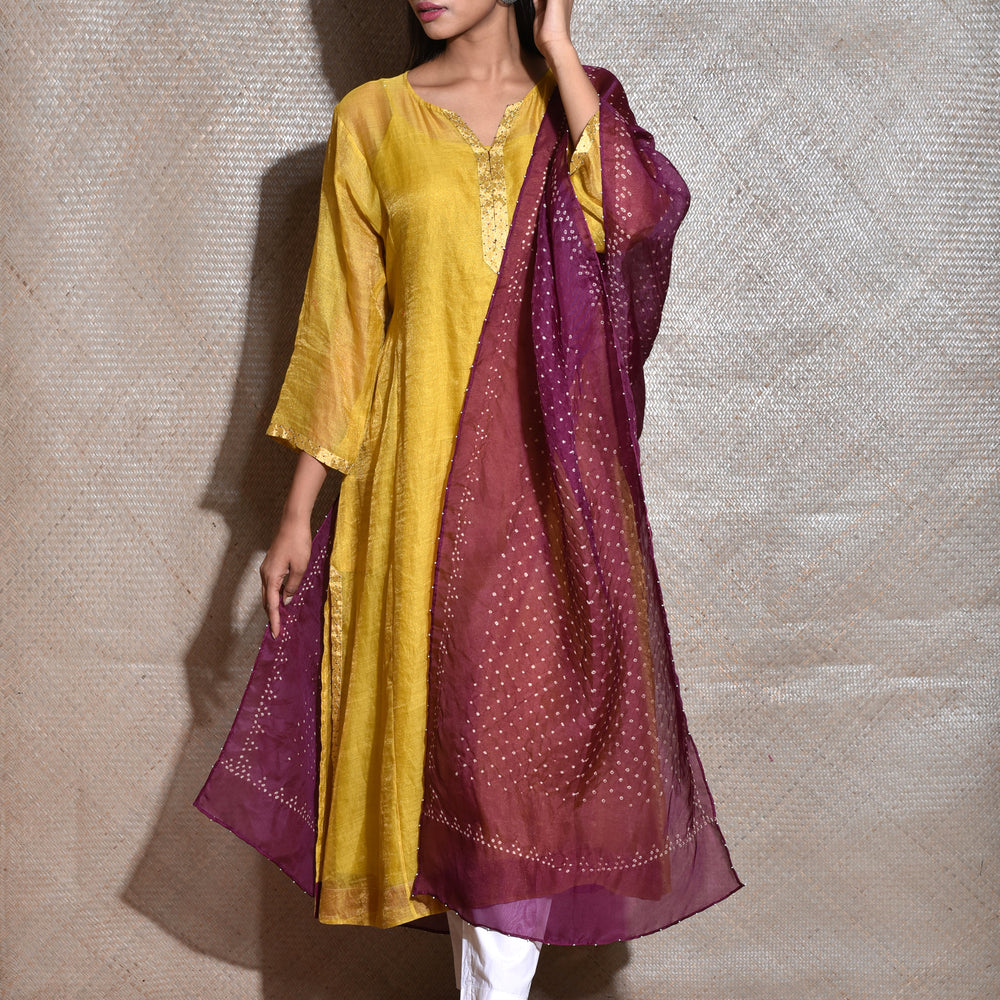 
                      
                        Tissue Chanderi Kurta Set With Bandhani on Organza Dupatta -Mustard And Wine.
                      
                    