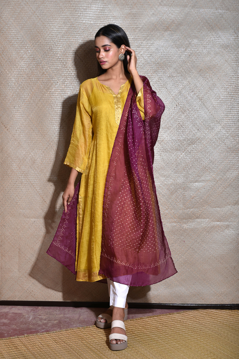 Tissue Chanderi Kurta Set With Bandhani on Organza Dupatta -Mustard And Wine.