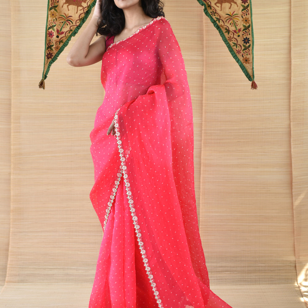 Tomato Pink Red Bandhani on Organza Saree with Gota Patti