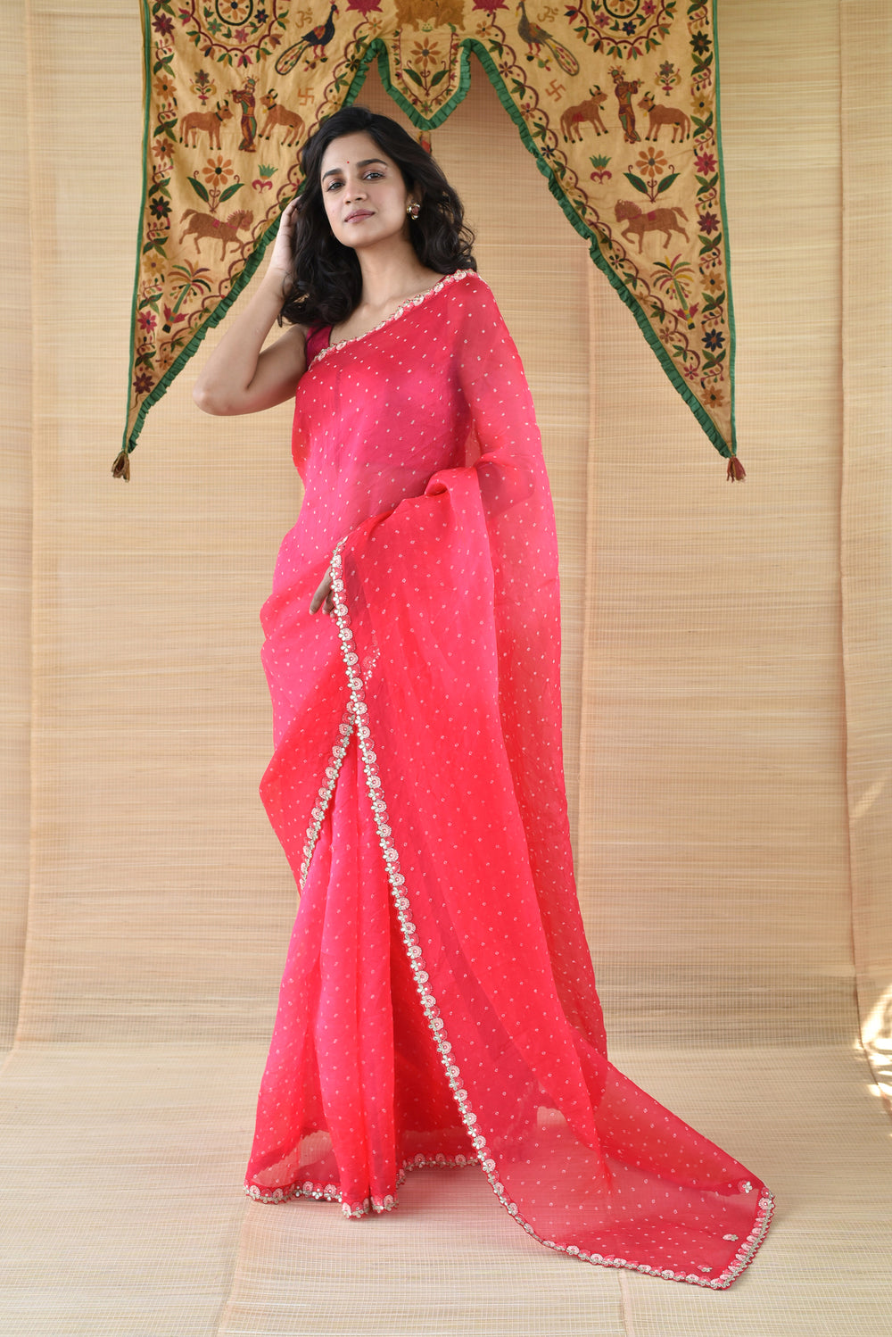 Tomato Pink Red Bandhani on Organza Saree with Gota Patti