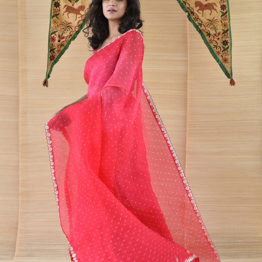 Tomato Pink Red Bandhani on Organza Saree with Gota Patti