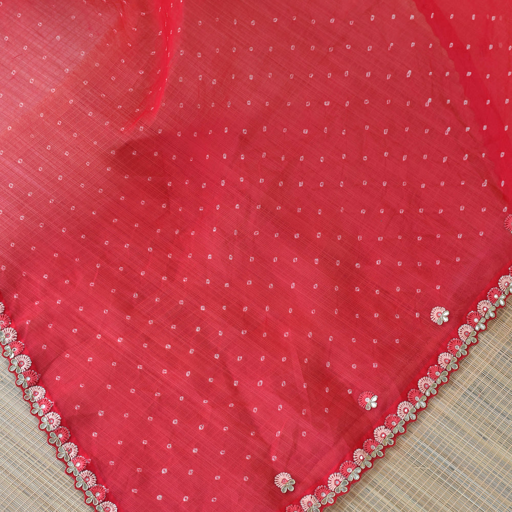 
                      
                        Tomato Pink Red Bandhani on Organza Saree with Gota Patti
                      
                    