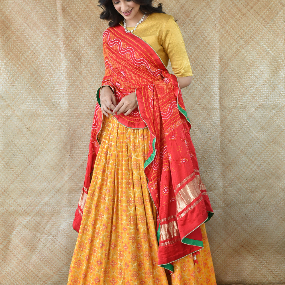 Gaji Silk Dupatta In Red With Yellow Bandhani Dots