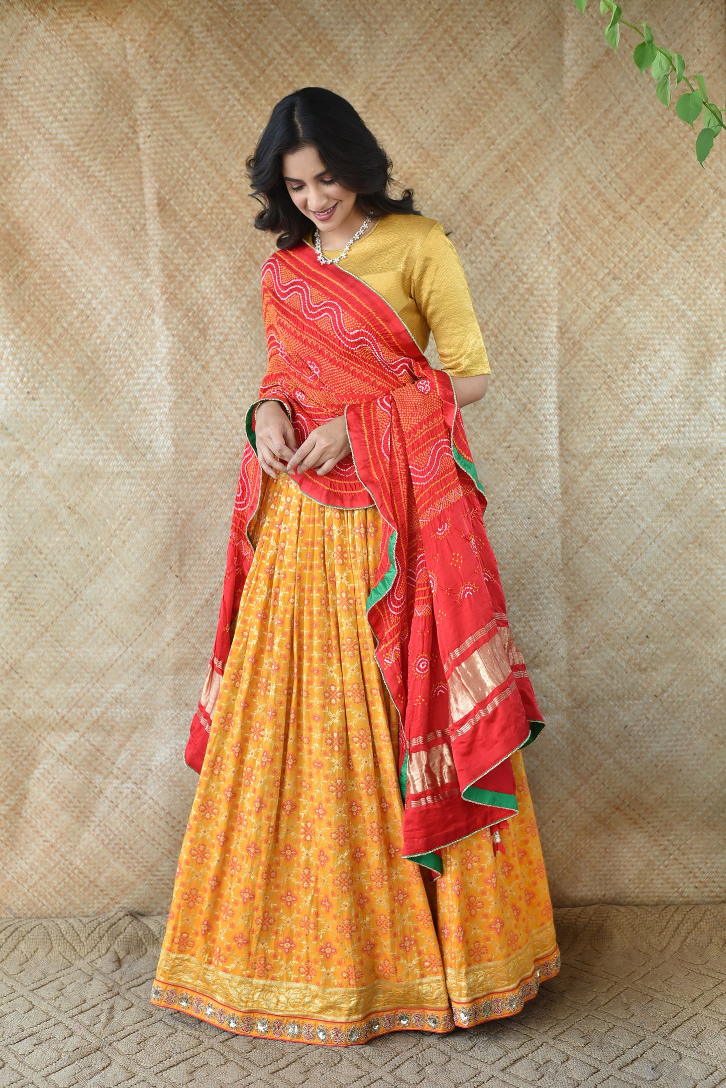 Gaji Silk Dupatta In Red With Yellow Bandhani Dots