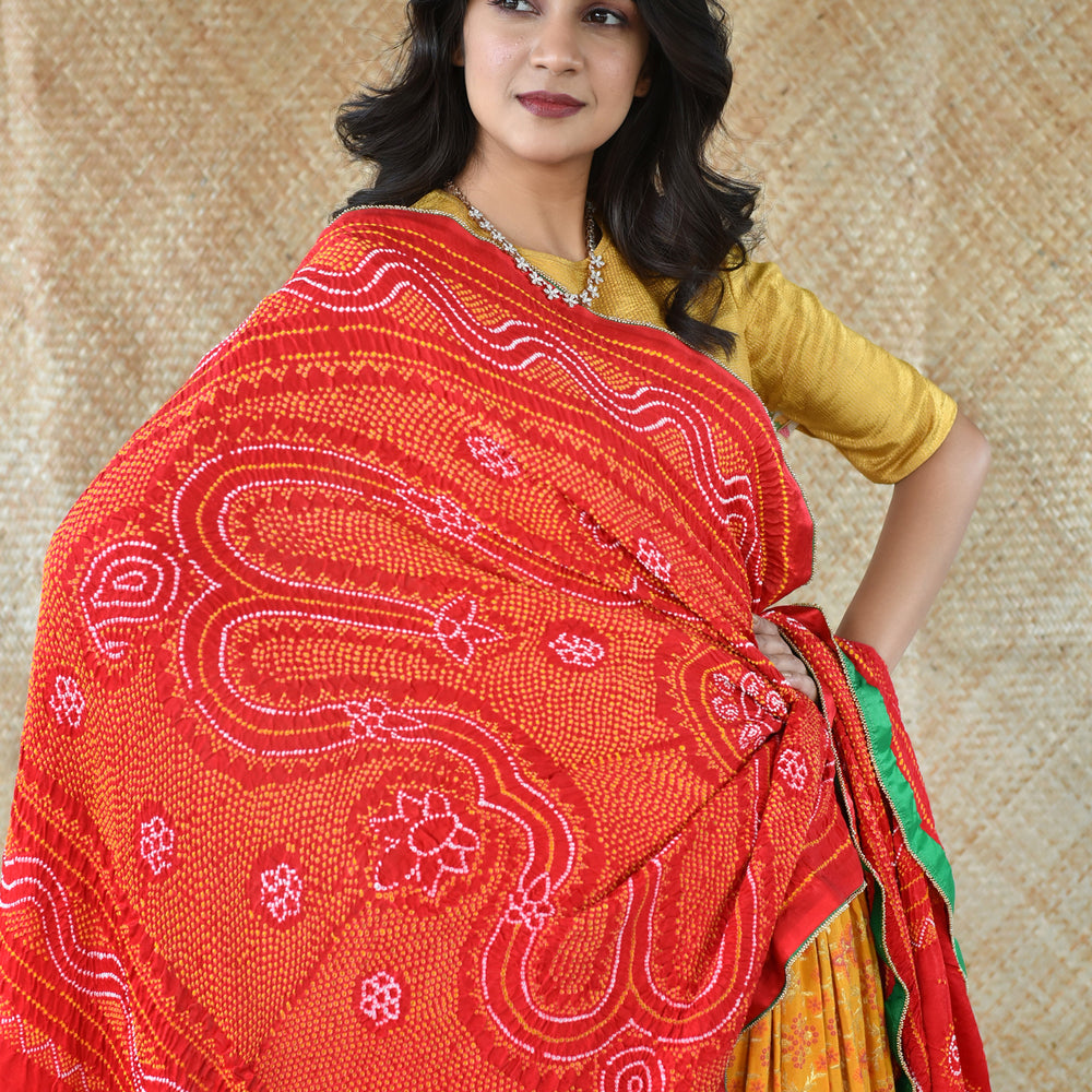 Gaji Silk Dupatta In Red With Yellow Bandhani Dots