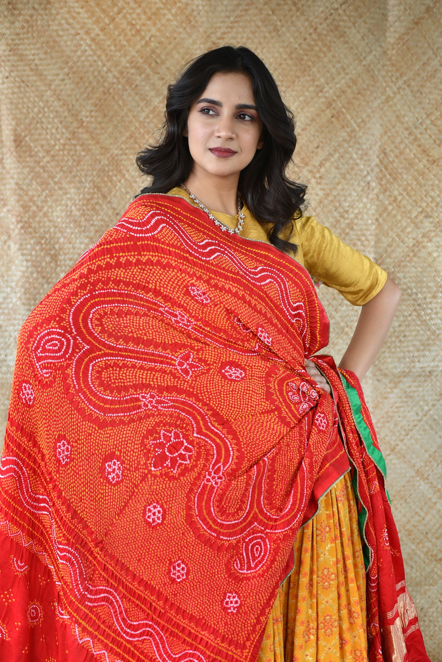 Gaji Silk Dupatta In Red With Yellow Bandhani Dots