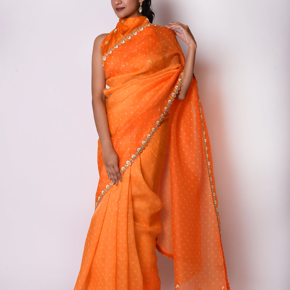 Orange Shaded Bandhani on Organza Saree with Gota Patti