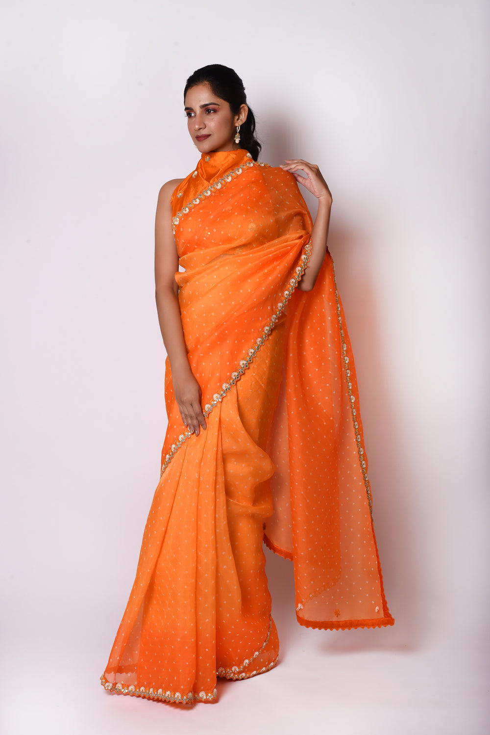 Orange Shaded Bandhani on Organza Saree with Gota Patti