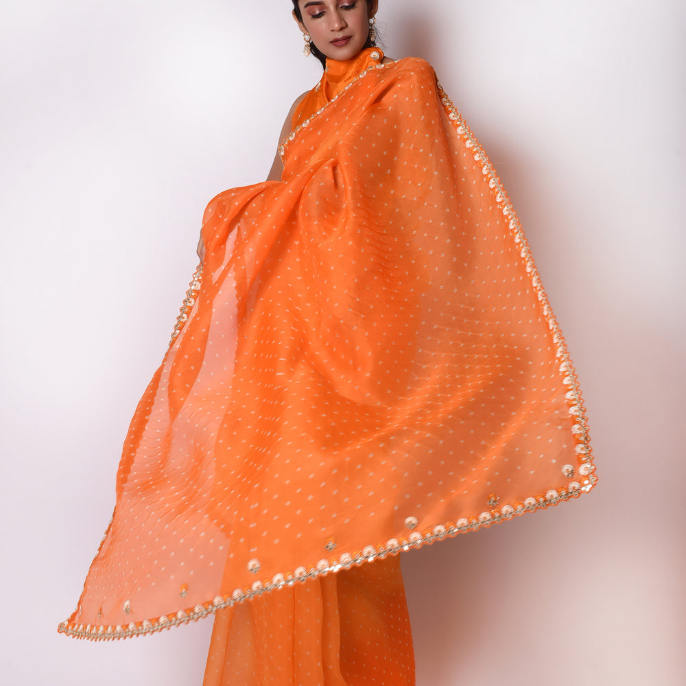 Orange Shaded Bandhani on Organza Saree with Gota Patti