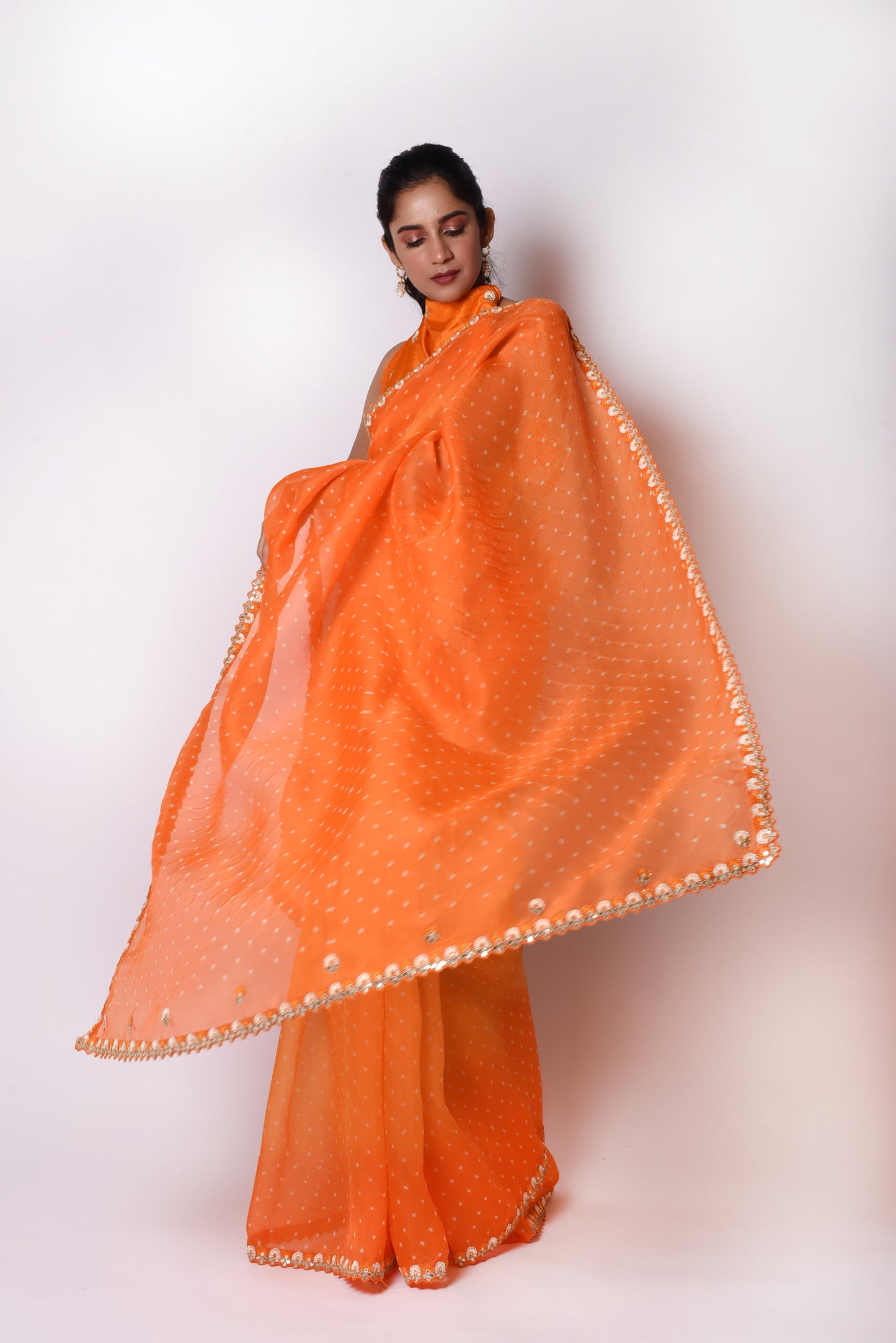 Orange Shaded Bandhani on Organza Saree with Gota Patti