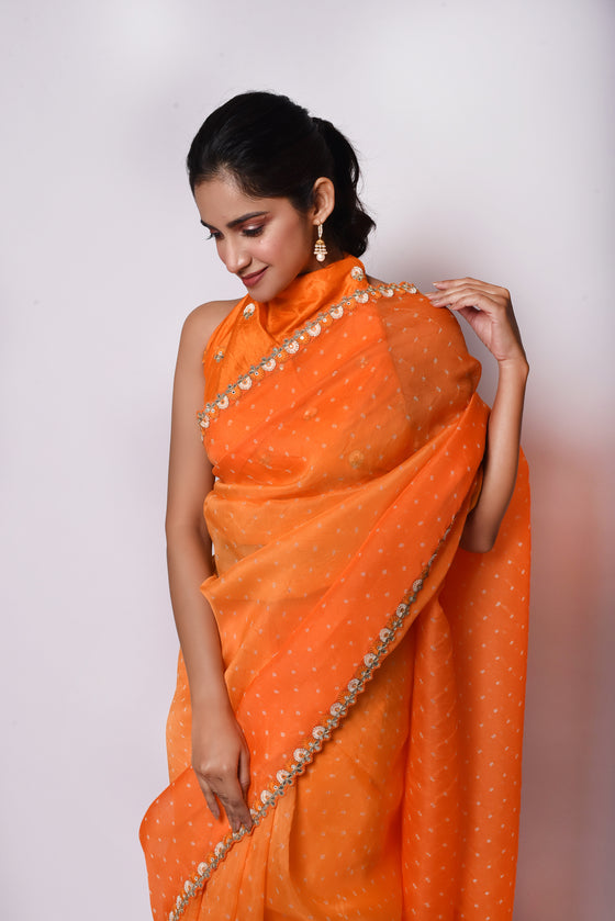 Orange Shaded Bandhani on Organza Saree with Gota Patti