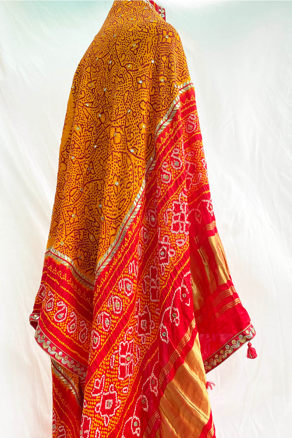 Red Bandhani Peeliya Gaji Silk Dupatta